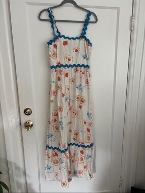 Cece Cream and Blue Beach/Sea Shell print Maxi Dress with Blue Rickrack Trim